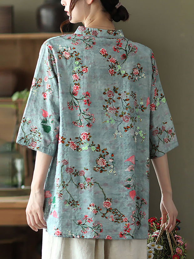 Cotton Linen Floral Irregular Vintage Shirt