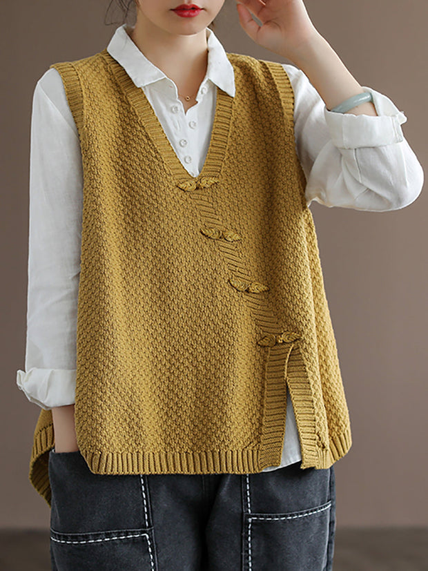 Women Button Knitted Split Sleeveless Vest Waistcoat Sweater