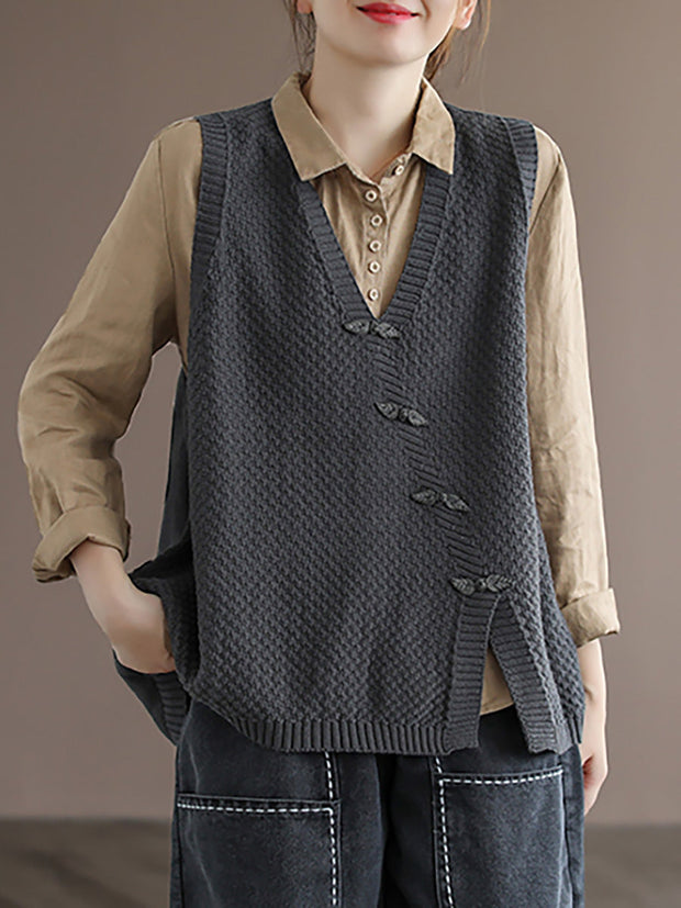 Women Button Knitted Split Sleeveless Vest Waistcoat Sweater