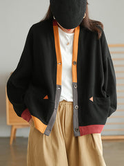 Plus Size Color Contrast Pocket Breasted Long Sleeve Coat