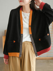 Color Contrast Pocket Breasted Long Sleeve Coat