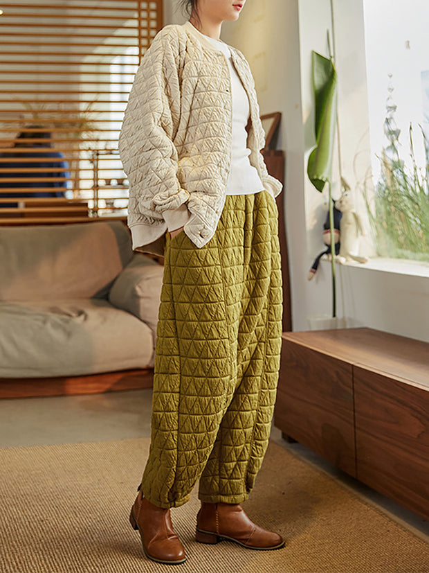 Warm Solid Color Pocket Elastic Waist Lantern Pants