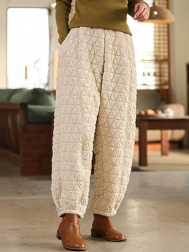 Warm Solid Color Pocket Elastic Waist Lantern Pants