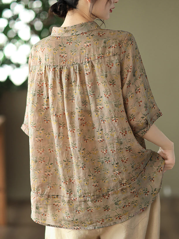 Vintage Floral Ramie Casual Summer Women Shirt