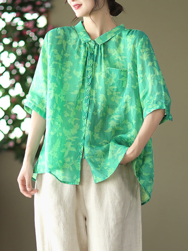 Vintage Floral Ramie Casual Summer Women Shirt