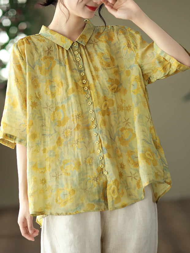 Vintage Floral Ramie Casual Sommer Damen Shirt