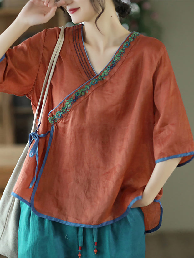 Slanted Placket Vintage Linen Summer Women Shirt