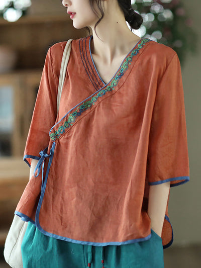 Vintage Leinen-Sommer-Damenhemd mit schräger Knopfleiste