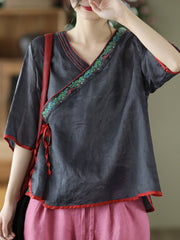 Slanted Placket Vintage Linen Summer Women Shirt