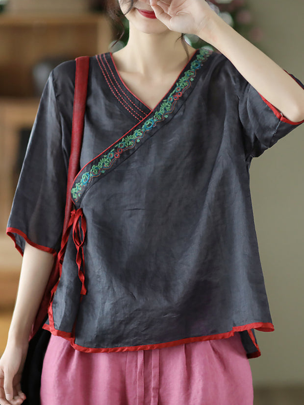 Slanted Placket Vintage Linen Summer Women Shirt