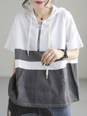 Zipper Casual Hoody Short Sleeve Cotton Women T Shirt