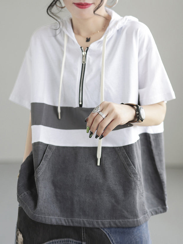 Zipper Casual Hoody Short Sleeve Cotton Women T Shirt