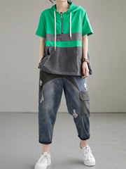 Zipper Casual Hoody Short Sleeve Cotton Women T Shirt