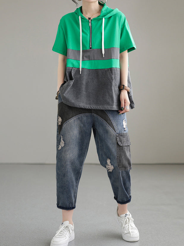 Zipper Casual Hoody Short Sleeve Cotton Women T Shirt
