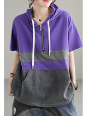 Zipper Casual Hoody Short Sleeve Cotton Women T Shirt