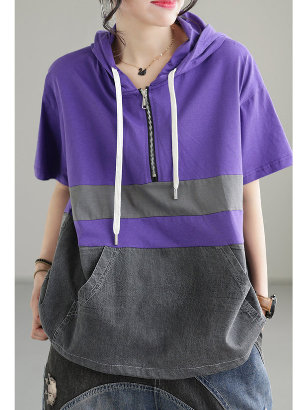 Zipper Casual Hoody Short Sleeve Cotton Women T Shirt