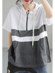 Zipper Casual Hoody Short Sleeve Cotton Women T Shirt
