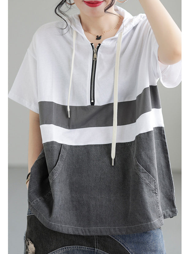 Zipper Casual Hoody Short Sleeve Cotton Women T Shirt