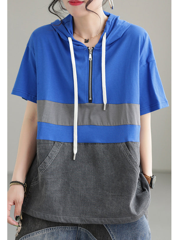 Zipper Casual Hoody Short Sleeve Cotton Women T Shirt