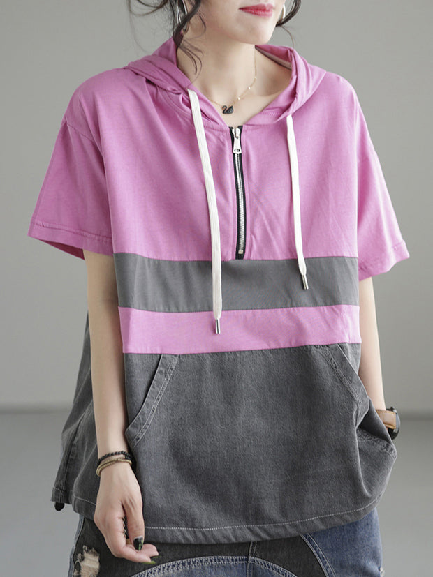 Zipper Casual Hoody Short Sleeve Cotton Women T Shirt