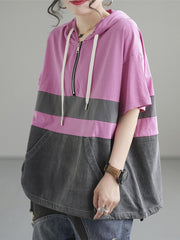 Zipper Casual Hoody Short Sleeve Cotton Women T Shirt