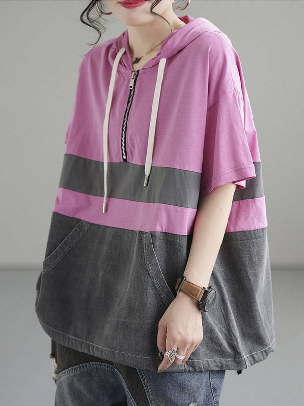 Zipper Casual Hoody Short Sleeve Cotton Women T Shirt
