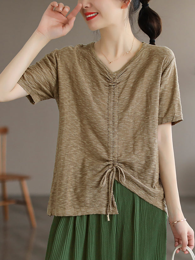 Casual Irregular Drawstring Cotton Women T Shirt