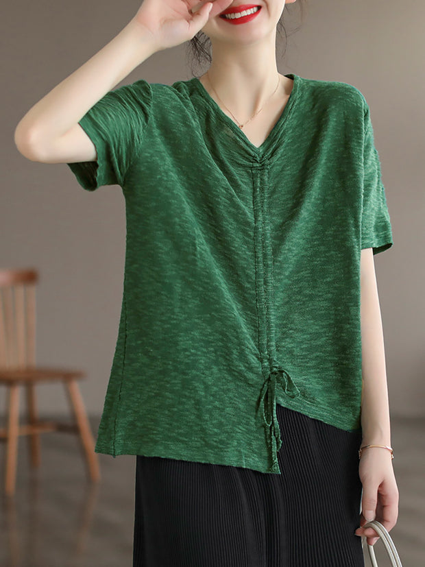 Casual Irregular Drawstring Cotton Women T Shirt