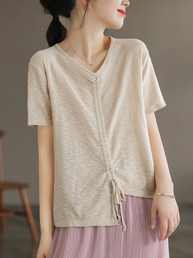 Casual Irregular Drawstring Cotton Women T Shirt