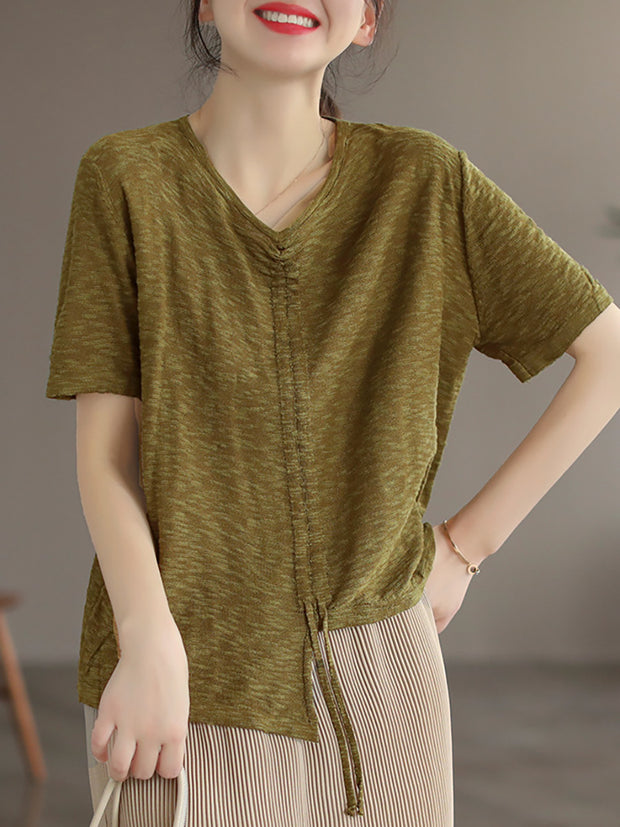 Casual Irregular Drawstring Cotton Women T Shirt
