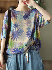 Summer Floral Linen Knited Women T Shirt