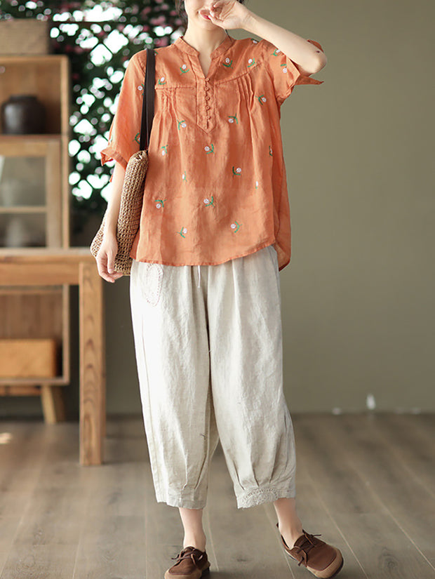 Pullover Split Neck Casual Floral Women Shirt