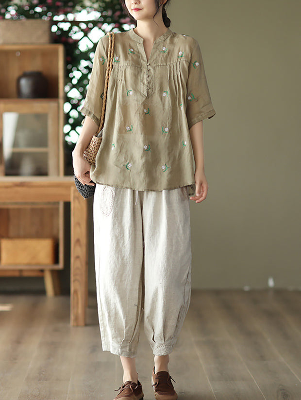 Pullover Split Neck Casual Floral Women Shirt