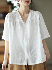 V Neck Casual Short Sleeve Cotton Women Shirt