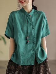 Slanted Placket Vintage Linen Summer Women Shirt