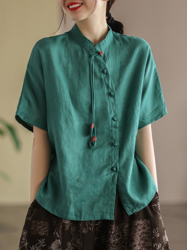 Slanted Placket Vintage Linen Summer Women Shirt