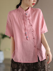Slanted Placket Vintage Linen Summer Women Shirt