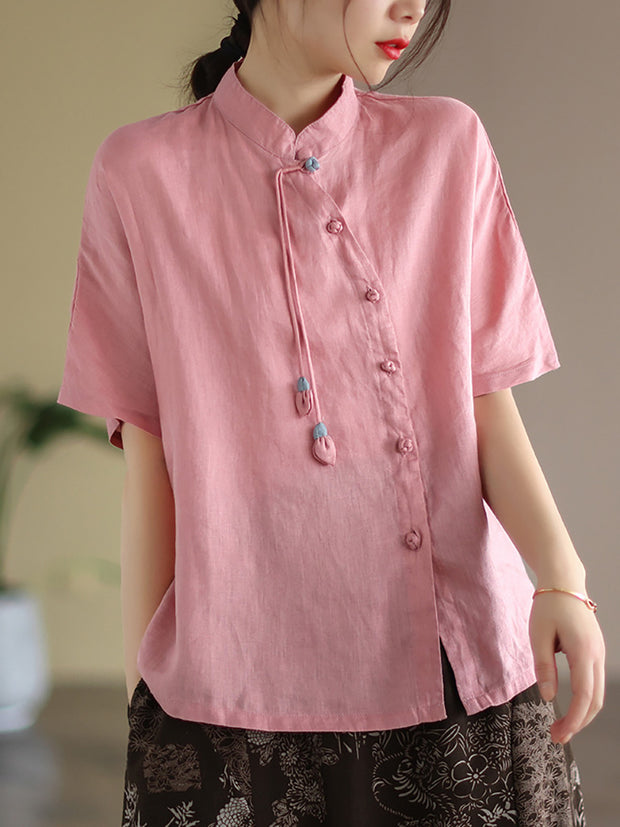 Slanted Placket Vintage Linen Summer Women Shirt