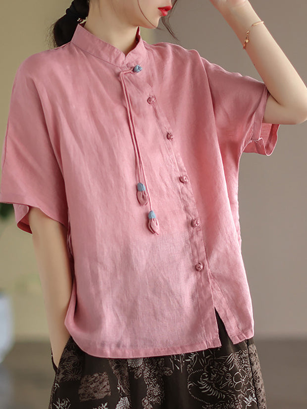 Slanted Placket Vintage Linen Summer Women Shirt