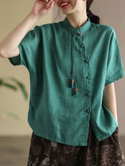 Slanted Placket Vintage Linen Summer Women Shirt