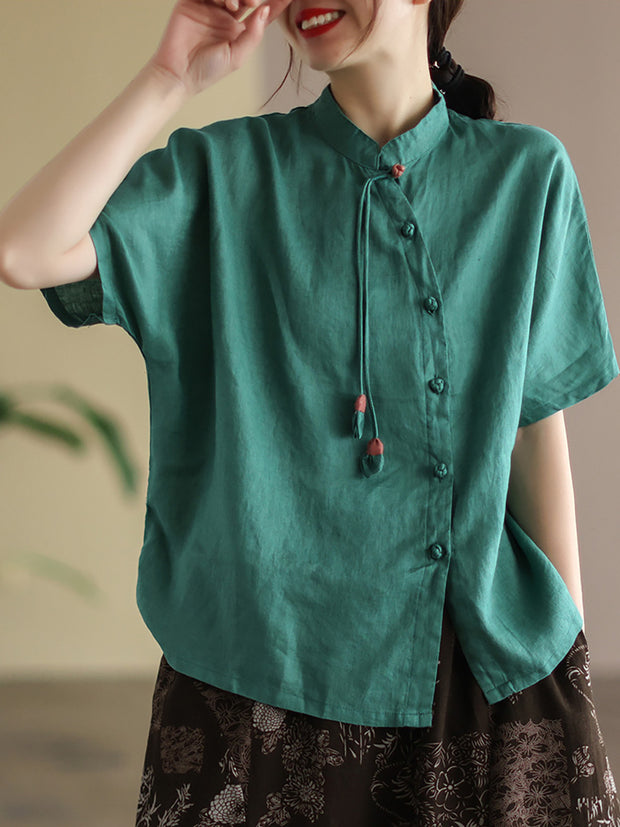 Slanted Placket Vintage Linen Summer Women Shirt