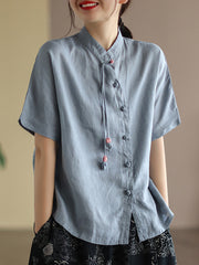 Slanted Placket Vintage Linen Summer Women Shirt