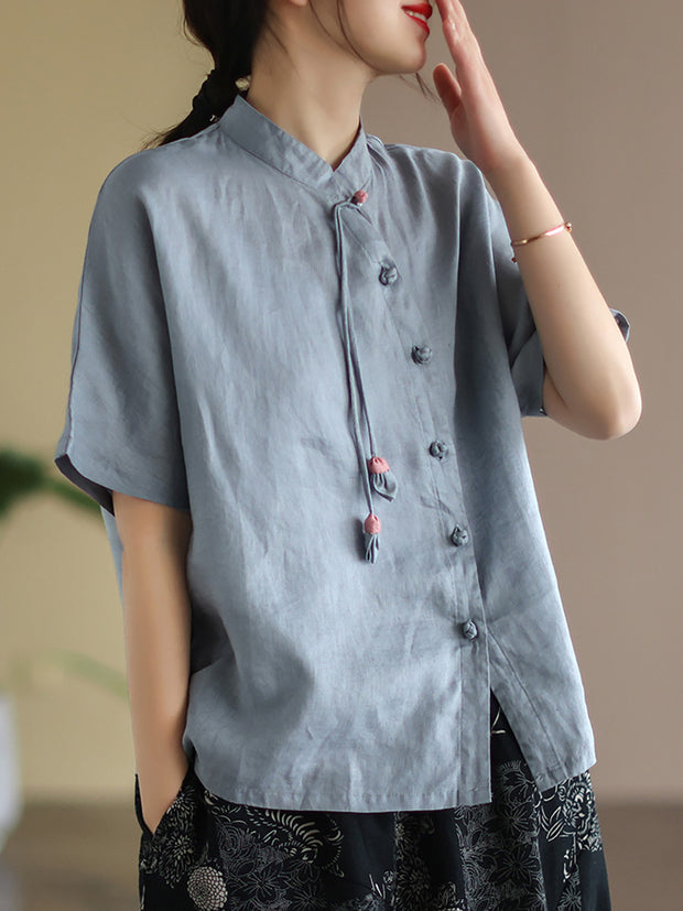 Slanted Placket Vintage Linen Summer Women Shirt