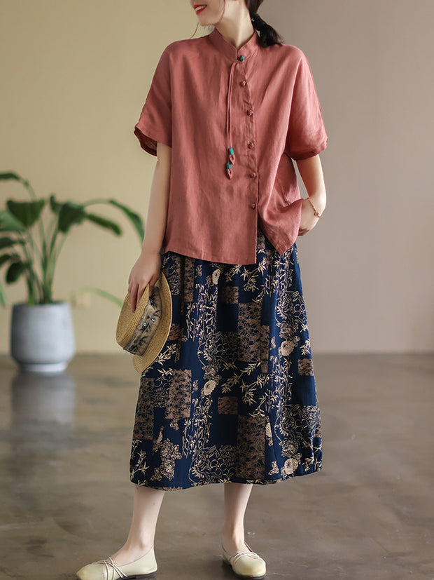 Slanted Placket Vintage Linen Summer Women Shirt