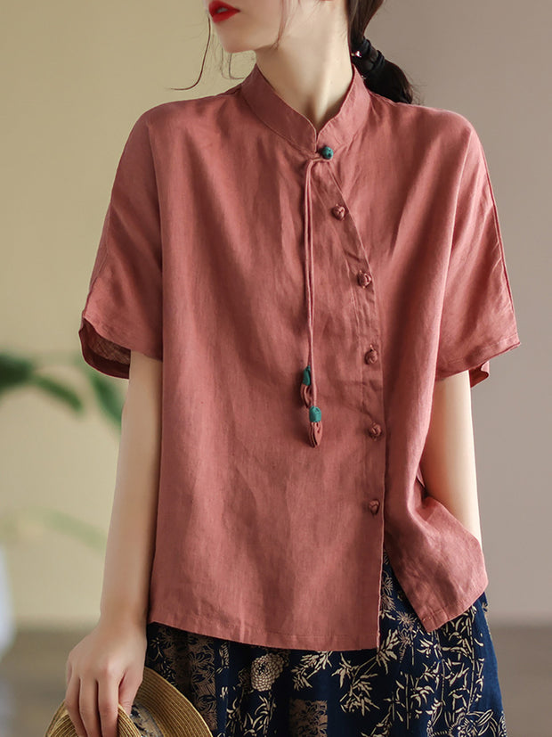 Slanted Placket Vintage Linen Summer Women Shirt