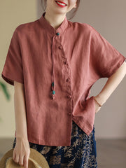 Slanted Placket Vintage Linen Summer Women Shirt