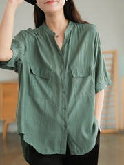 Split Neck Casual Short Sleeve Cotton Women Shirt