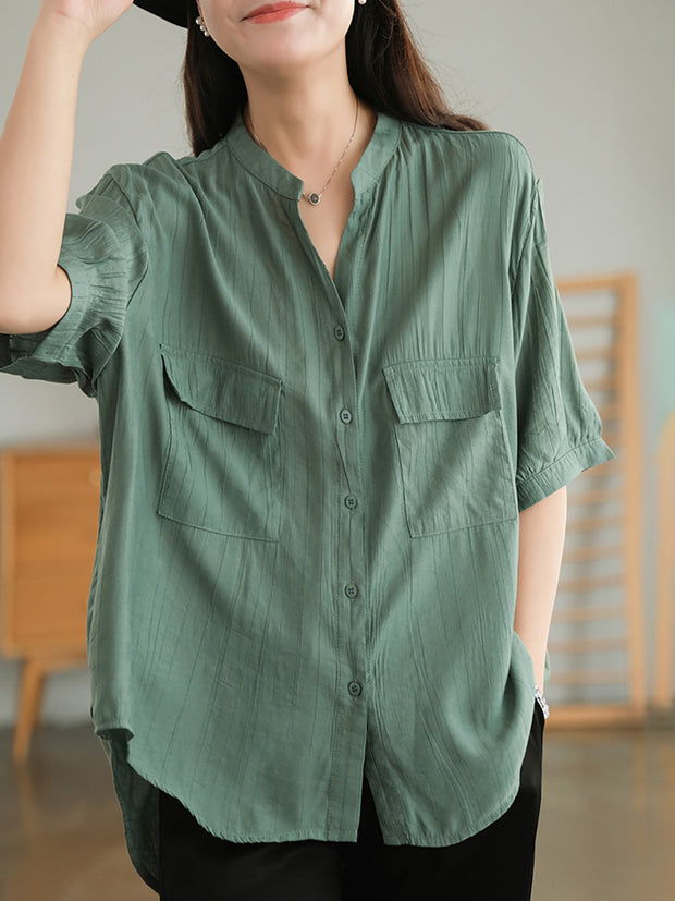 Split Neck Casual Short Sleeve Cotton Women Shirt