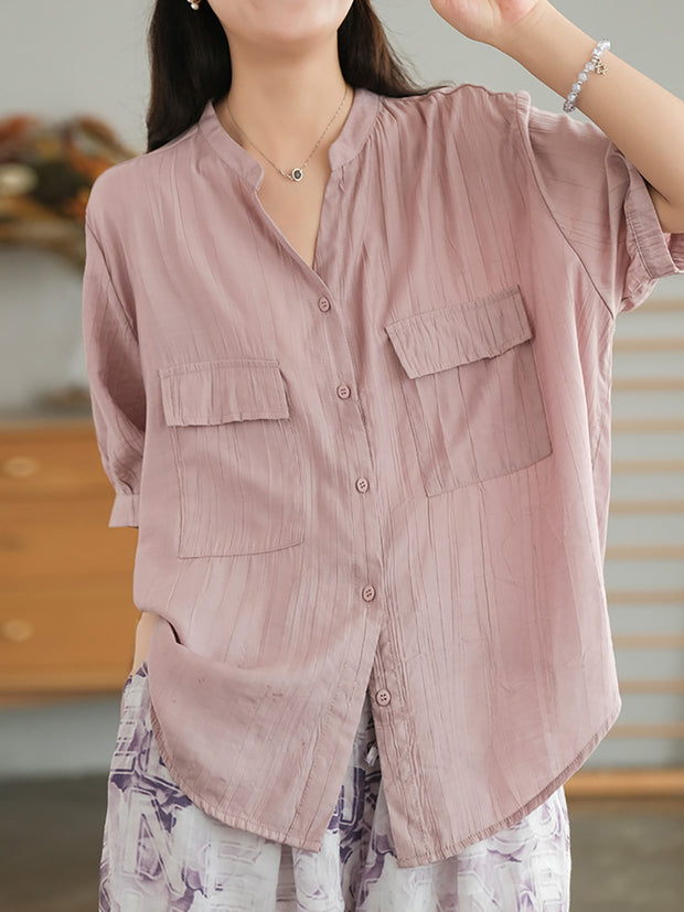 Split Neck Casual Short Sleeve Cotton Women Shirt