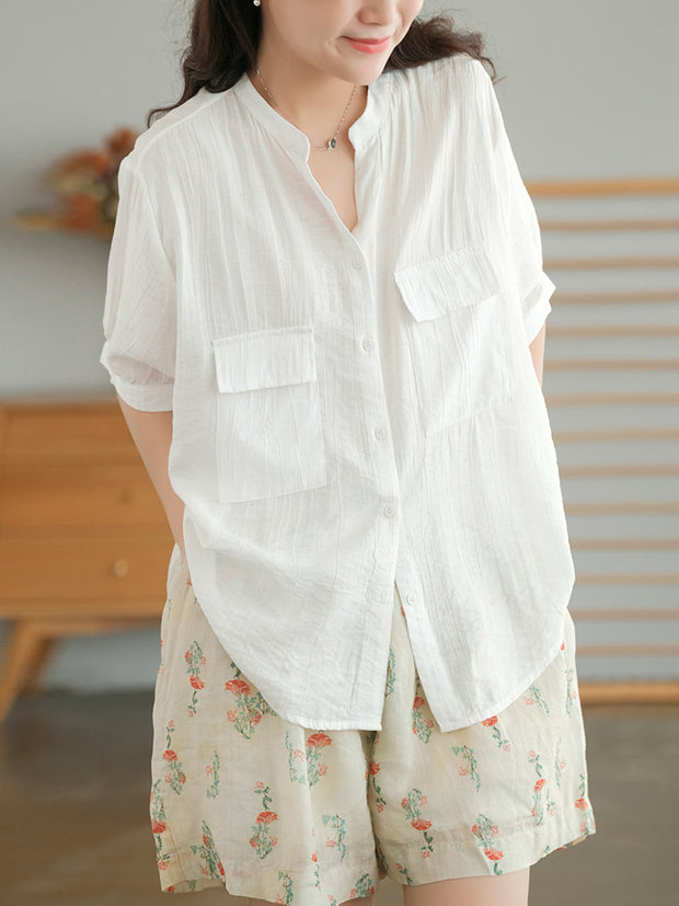 Split Neck Casual Short Sleeve Cotton Women Shirt